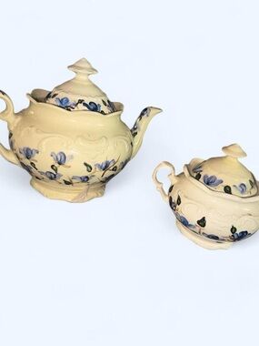Mountainside Hand-Painted Blue Floral Ceramic Teapot and Sugar Bowl Set
